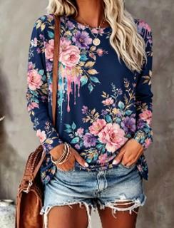 T-Shirts - Women's Floral Print Top Navy Blue