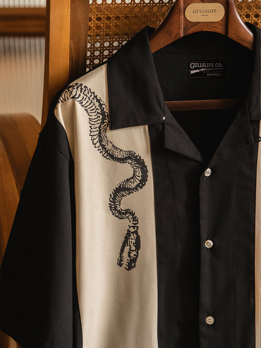 Short Sleeve Bowling Shirt Retro - Loose Cuban Collar Print Short Sleeve