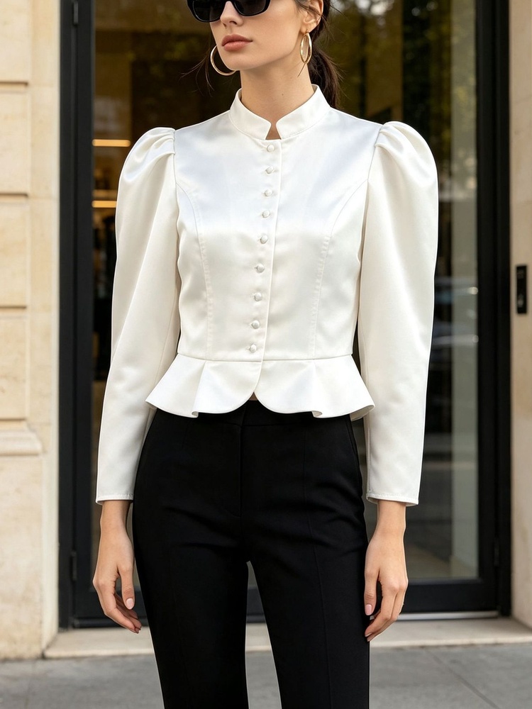 Peplum Blouse Long Sleeve Puff - đánh giá và giá Mandarin Collar Formal Shirt Slim Fit